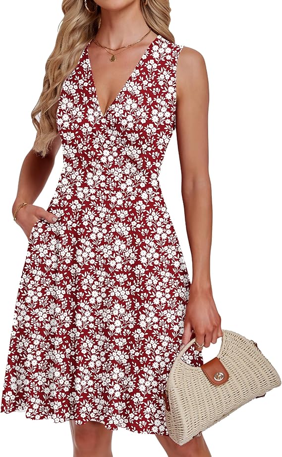 Women’s Summer V-Neck Sleeveless Dress – Floral Print Casual Beach Mini Dress with Pockets